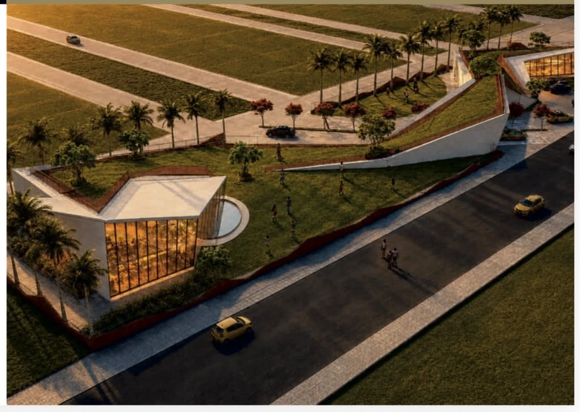 Valencia Town clubhouse and its landscaped approach from above, artist’s impression