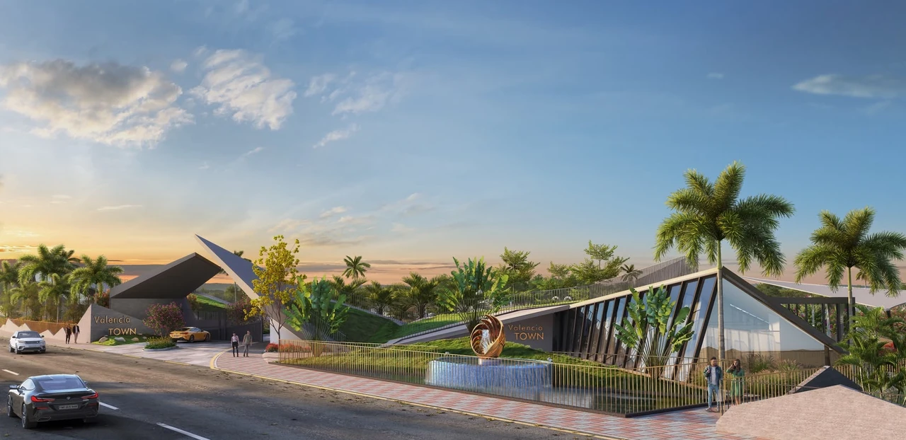Tree-lined entrance road into Valencia Town, artist’s impression