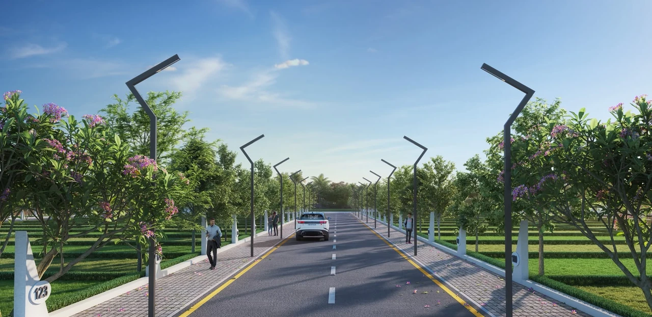 Wide, tree-lined internal road at Valencia Town, artist’s impression