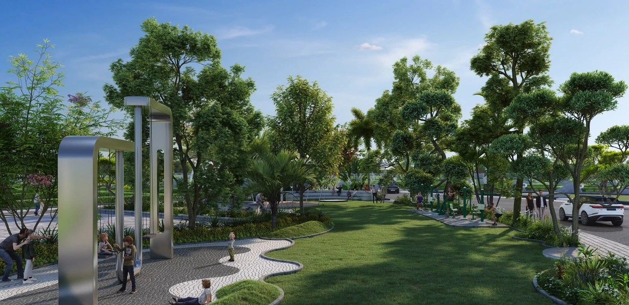 Children’s play spaces and tree-lined paths at Valencia Town, artist’s impression