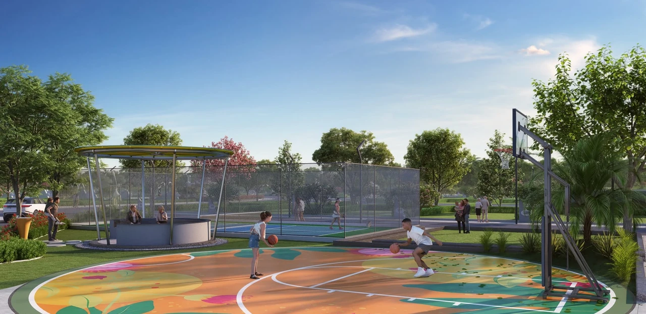Sports court with players at Valencia Town, artist’s impression